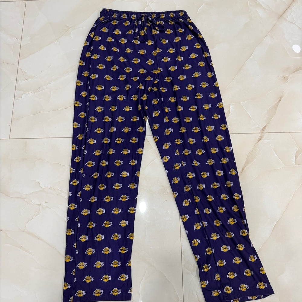 Blue Pajama Pants with Yellow Logo Pattern